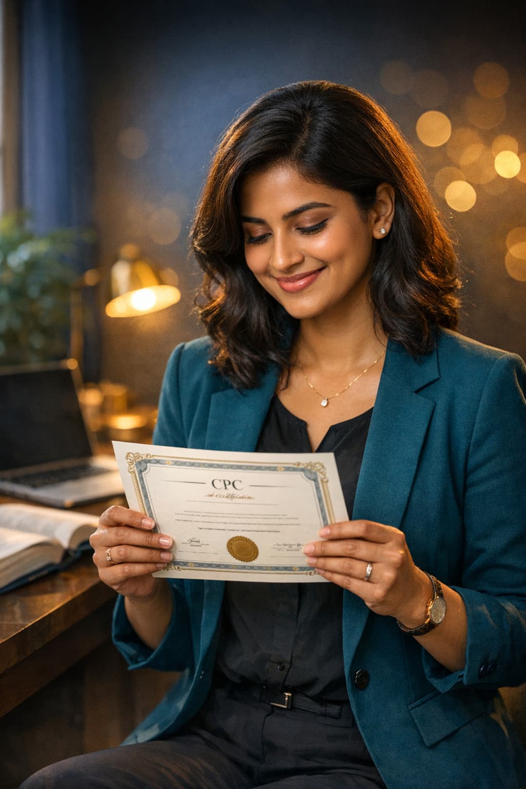 A young woman proudly holding her CPC certification in a warmly lit modern study space, celebrating a career milestone in medical coding.