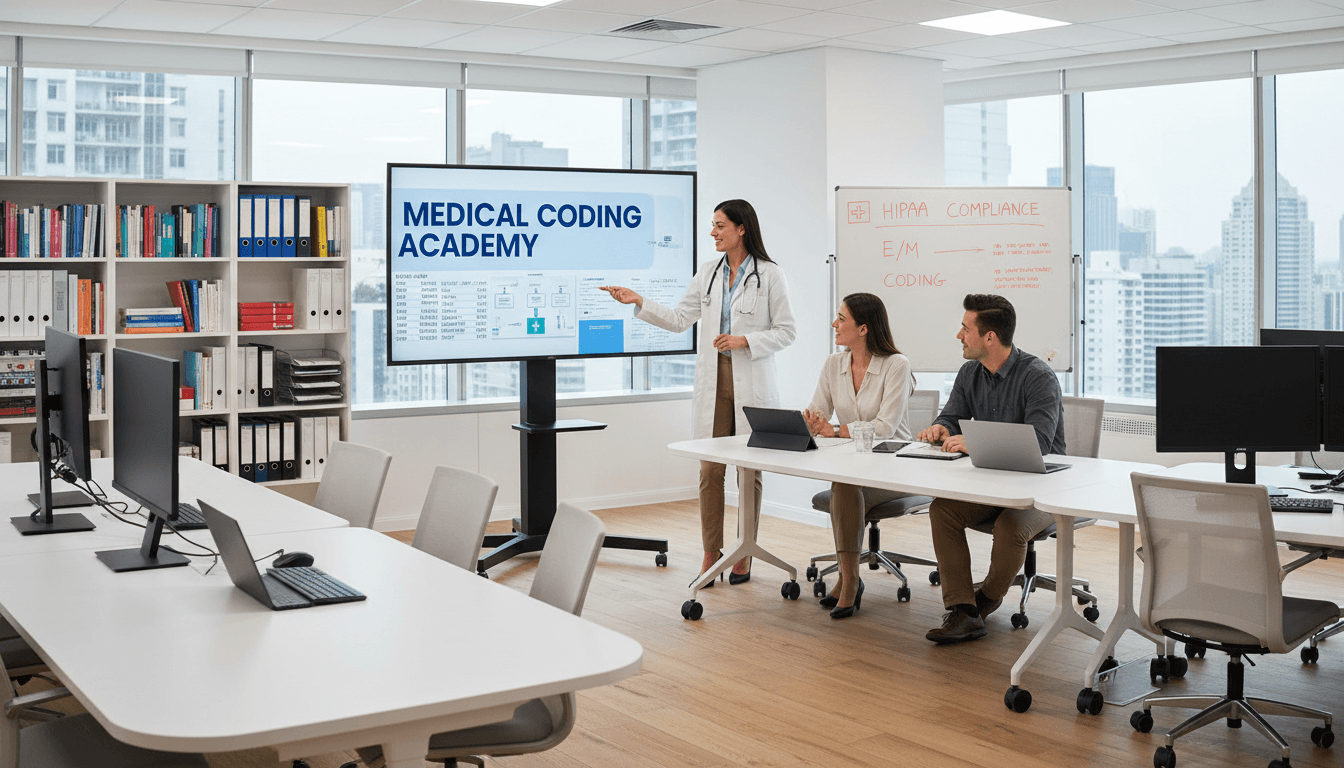 Doctor instructor demonstrating medical coding concepts to engaged students in a modern training classroom